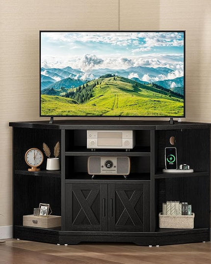 YITAHOME Corner TV Stand, Entertainment Center, Farmhouse TV Stand 55 inch TV w/Power Outlet, TV Stand for Living Room w/Adjustable Storage Shelf, Television Stands for Living Room, Black - LeafyLoom