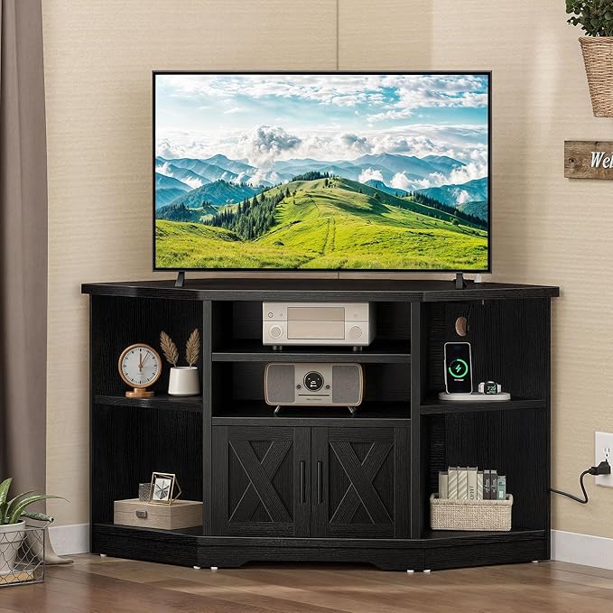 YITAHOME Corner TV Stand, Entertainment Center, Farmhouse TV Stand 55 inch TV w/Power Outlet, TV Stand for Living Room w/Adjustable Storage Shelf, Television Stands for Living Room, Black - LeafyLoom