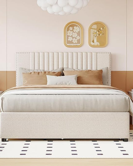 Full Size Linen Upholstered Platform Bed with 2 Drawers and Twin Size Trundle,Solid Wood Bed Frame w/Classic Headboard Design,for Bedroom,Apartment,Living Room,Beige - LeafyLoom