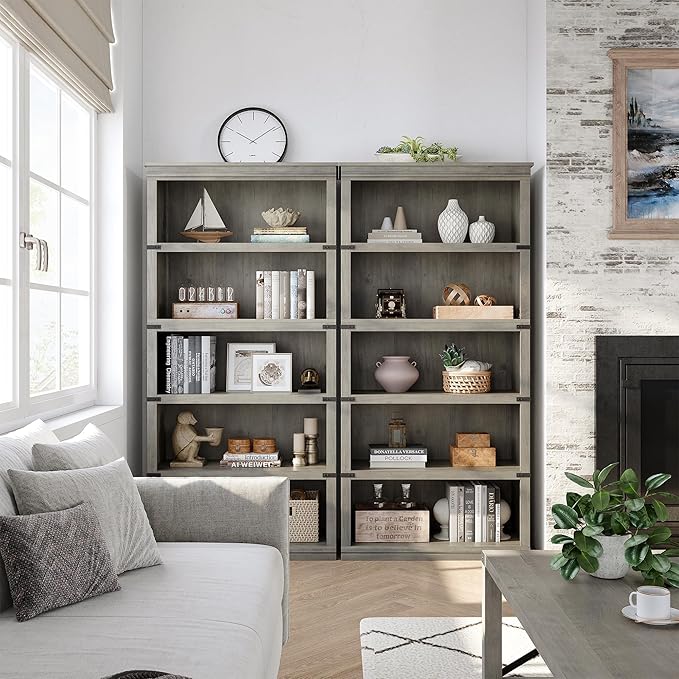 GAOMON 5 Tier Bookcase, Farmhouse Book shelf with Storage Open Display Bookshelves, 67.4" Tall Book Case Wooden 5 Shelf Bookcase Home Decor Furniture for Home Office, Living Room, Bed Room - Grey - LeafyLoom