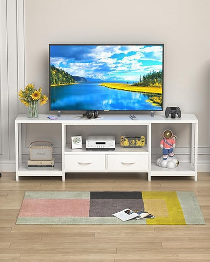 TV Stand with Fabric Drawers for 55 60 65 Inches TV - Entertainment Center and Industrial TV Console Table with Open Storage Shelves for Living Room, Bedroom - 55.1" White - LeafyLoom