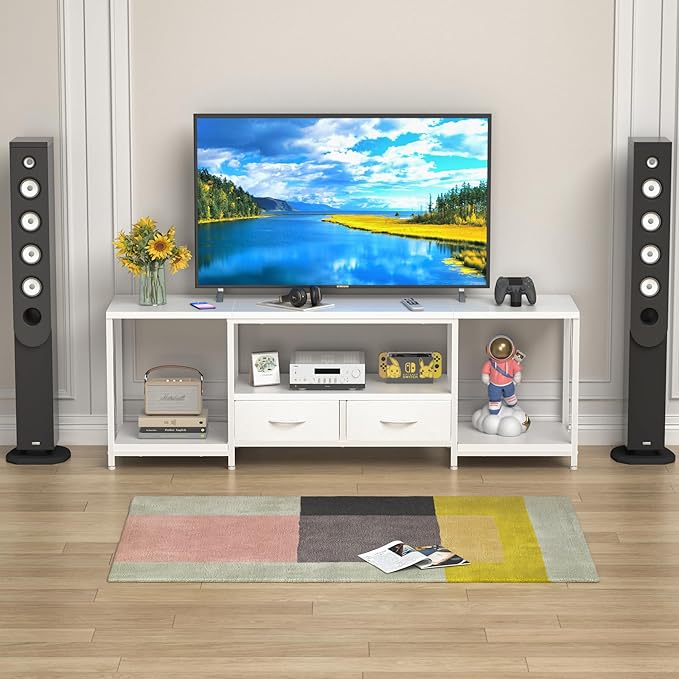 TV Stand with Fabric Drawers for 55 60 65 Inches TV - Entertainment Center and Industrial TV Console Table with Open Storage Shelves for Living Room, Bedroom - 55.1" White - LeafyLoom