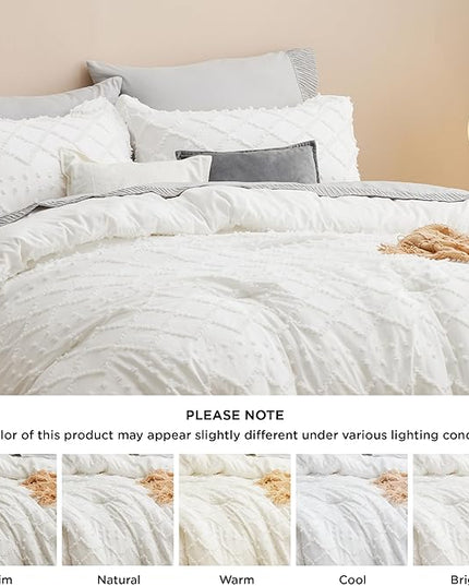 Bedsure Full Size Comforter Set - Ivory Comforter, Boho Tufted Shabby Chic Bedding Comforter Set, 3 Pieces Vintage Farmhouse Bed Set for All Seasons, Fluffy Soft Bedding Set with 2 Pillow Shams - LeafyLoom