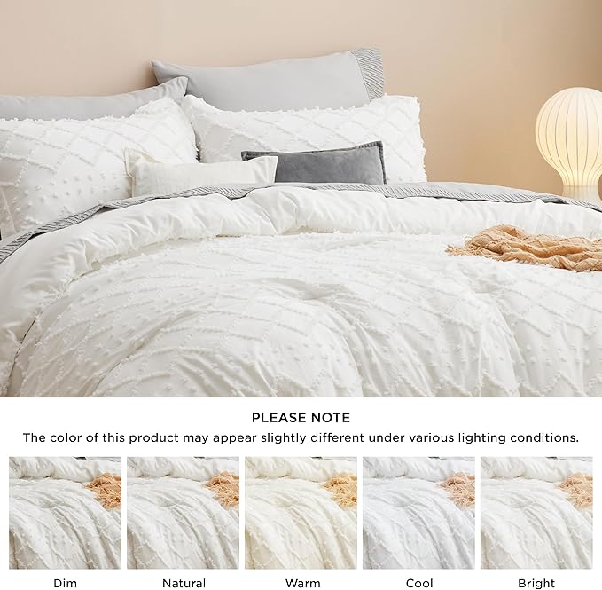 Bedsure Queen Comforter Set - Ivory Comforter, Boho Tufted Shabby Chic Bedding Comforter Set, 3 Pieces Vintage Farmhouse Bed Set for All Seasons, Fluffy Soft Bedding Set with 2 Pillow Shams - LeafyLoom