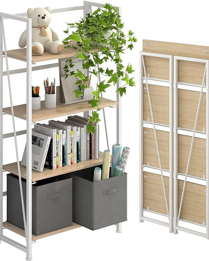 4NM No-Assembly Folding Bookshelf Storage Shelves 4 Tiers Vintage Bookcase Standing Racks Study Organizer Home Office (Natural and White) - LeafyLoom