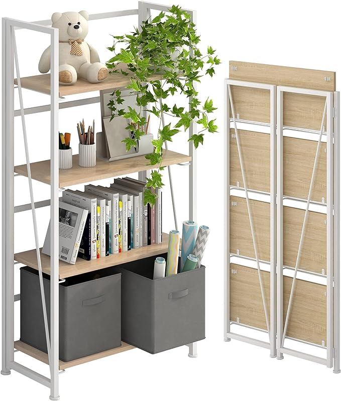 4NM No-Assembly Folding Bookshelf Storage Shelves 4 Tiers Vintage Bookcase Standing Racks Study Organizer Home Office (Natural and White) - LeafyLoom