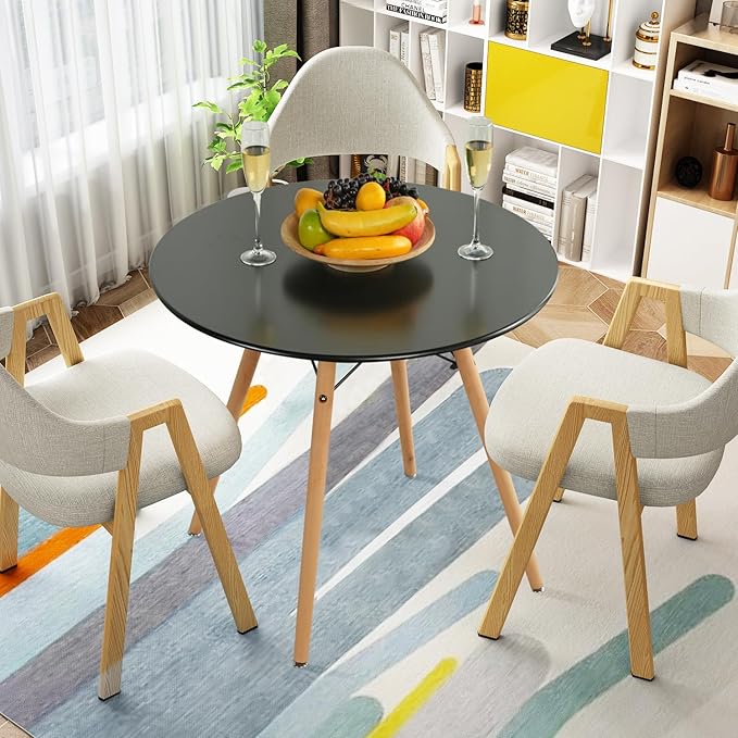 FurnitureR 31.5 Inch Modern Round Dining Table with Wooden Legs for Home Kitchen Living Room Corner Small Spaces Leisure, Black - LeafyLoom