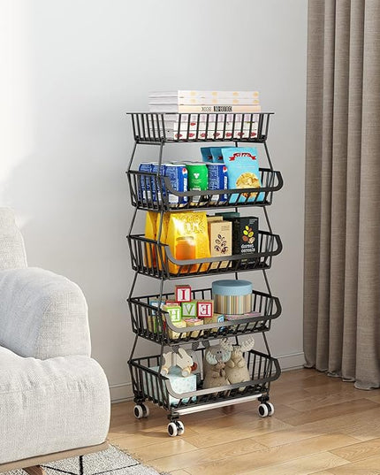 Wisdom Star 5 Tier, Kitchen Fruit Vegetable Storage Cart, Vegetable Basket Bins for Onions and Potatoes, Wire Storage Organizer Utility Cart with Wheels, Black - LeafyLoom