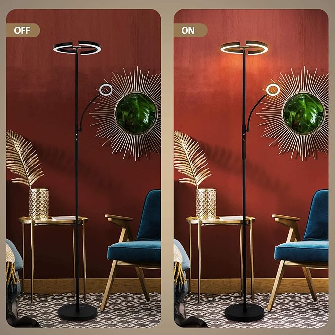 FIMEI Split Floor Lamp with Reading Light, Modern Bright LED Rotatable Standing Lamp with Stepless Dimming and 3000K-6000K Color for Living Room Bedroom Office, Touch and Remote Control, Black - LeafyLoom