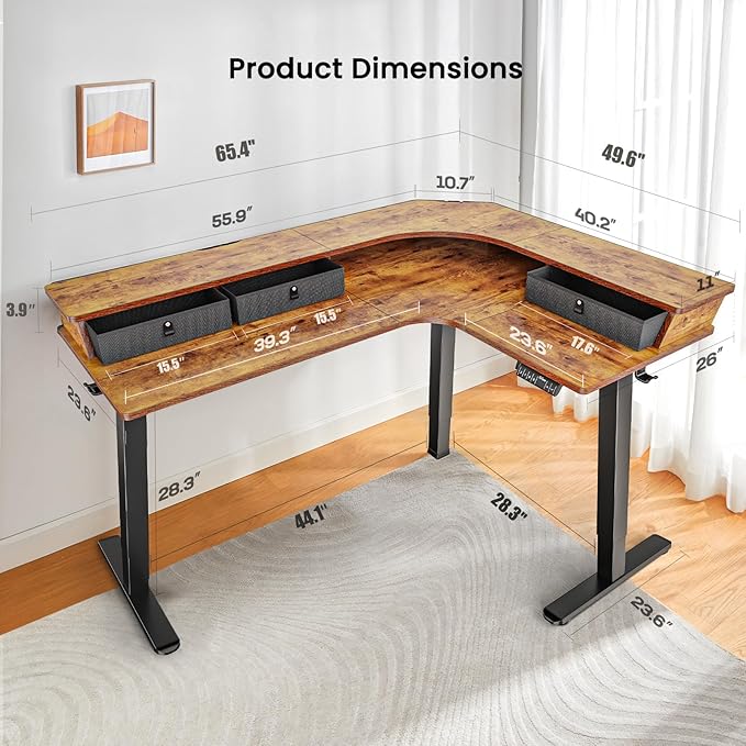 ErGear 65″ L Shaped Standing Desk for Gaming, [3 Drawers & 2 Cable Management Trays] Corner Stand up Desk w/Monitor Shelf Height Adjustable for Home Office, Vintage Brown - LeafyLoom