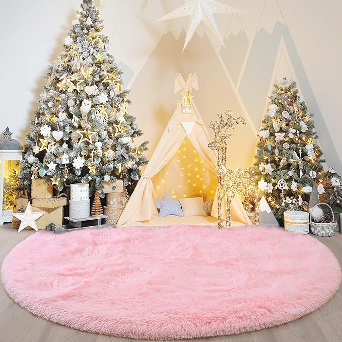 Pink Round Rug for Bedroom, Super Fluffy Circle Rugs for Baby Nursery, 4'X4' Feet Furry Carpet for Children Kids Room, Cute Soft Shaggy Rug for Girls Home Decor, Fuzzy Plush Carpets for Dorm - LeafyLoom