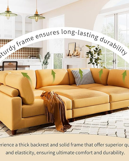 Free Combination Convertible Modular Sectional Sofa with Movable Ottomans , 163'' Oversized Corduroy Upholstered Sleeper Corner Couch Sofabed with Wooden Legs and Detachable Cushions for Living Room - LeafyLoom