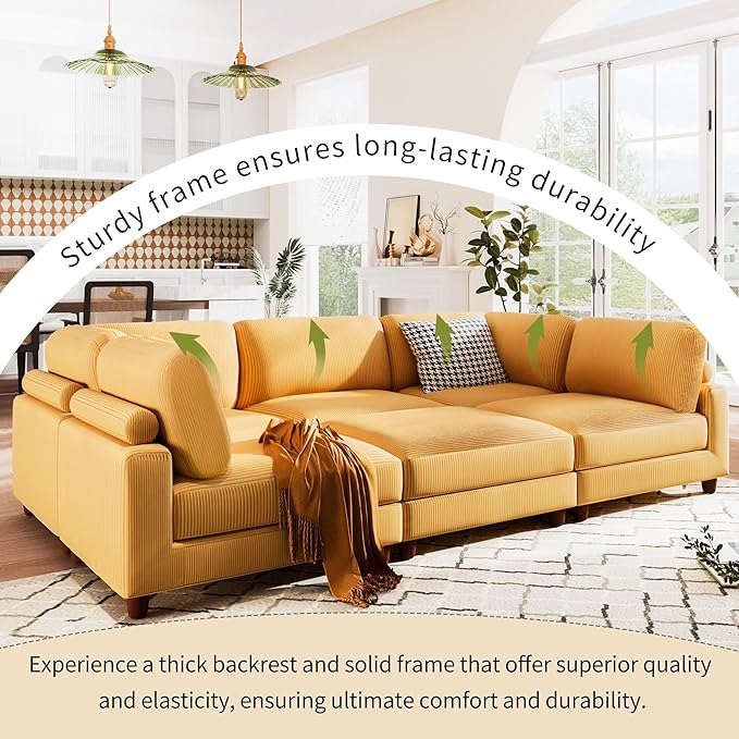 Free Combination Convertible Modular Sectional Sofa with Movable Ottomans , 163'' Oversized Corduroy Upholstered Sleeper Corner Couch Sofabed with Wooden Legs and Detachable Cushions for Living Room - LeafyLoom