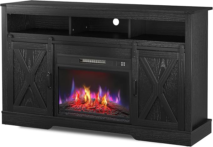 Farmhouse Fireplace TV Stand for 65+ Inch TV, Entertainment Center with 23" Electric Fireplace with Remote, Modern Rustic TV Console with Sliding Bar Door for Living Room, Black - LeafyLoom