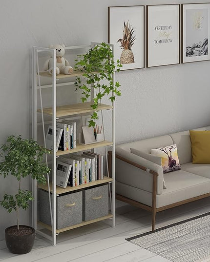 4NM No-Assembly Folding Bookshelf Storage Shelves 5 Tiers Vintage Bookcase Standing Racks Study Organizer Home Office (Natural and White) - LeafyLoom