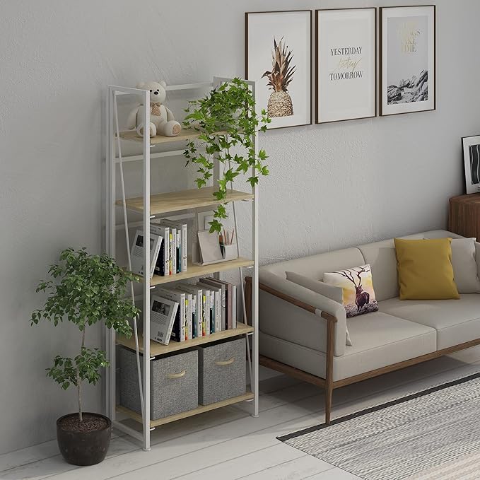 4NM No-Assembly Folding Bookshelf Storage Shelves 5 Tiers Vintage Bookcase Standing Racks Study Organizer Home Office (Natural and White) - LeafyLoom