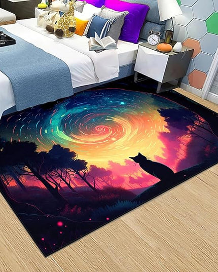 Moon Black Cat Rug - Mystical Stary Night Cat Rug for Kids Bedroom Colorful Black Cat Rug Decor Room Cat Door Mats Outdoor Entrance, 3x5 Feet - LeafyLoom