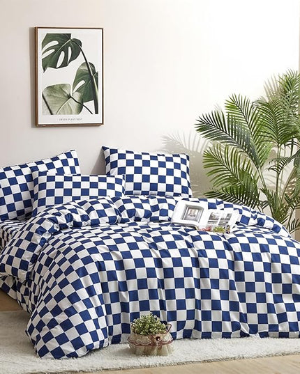 Wellboo Blue and White Comforter Sets King Women Men Diamond Royal Blue Checkerboard Grid Bedding Comforters Cotton Modern Jewelry Blue Checkered Geometric Quilts Luxury Sapphire Buffalo Plaid Bed - LeafyLoom
