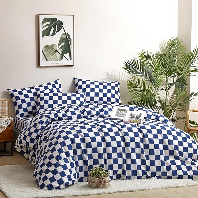 Wellboo Blue and White Comforter Sets King Women Men Diamond Royal Blue Checkerboard Grid Bedding Comforters Cotton Modern Jewelry Blue Checkered Geometric Quilts Luxury Sapphire Buffalo Plaid Bed - LeafyLoom
