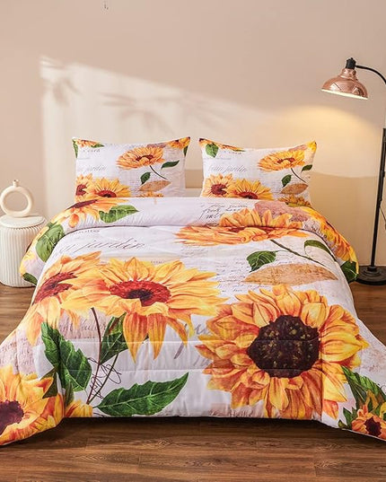 Sunflower Comforter Sets,Seamless Pattern with Hand Drawn Vibrant Yellow Watercolor Sunflowers on The Background,Decorative Bedding Comforter Sets with 2 Pillow Shams, Twin Size - LeafyLoom