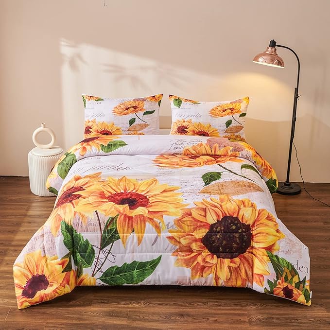 Sunflower Comforter Sets,Seamless Pattern with Hand Drawn Vibrant Yellow Watercolor Sunflowers on The Background,Decorative Bedding Comforter Sets with 2 Pillow Shams, Twin Size - LeafyLoom