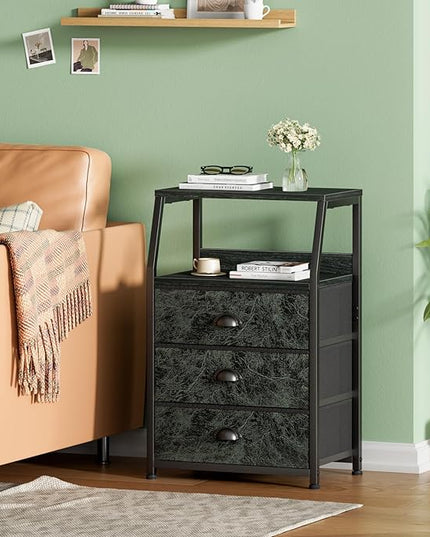 Furnulem 3 Drawers Nightstand with 2-Tier Shelf, Fabric Small Dresser Organizer Storage Tower for Bedroom, Hallway, Night Stand End Table Side Furniture, Sturdy Steel Frame, Wood Top(Dark Green) - LeafyLoom