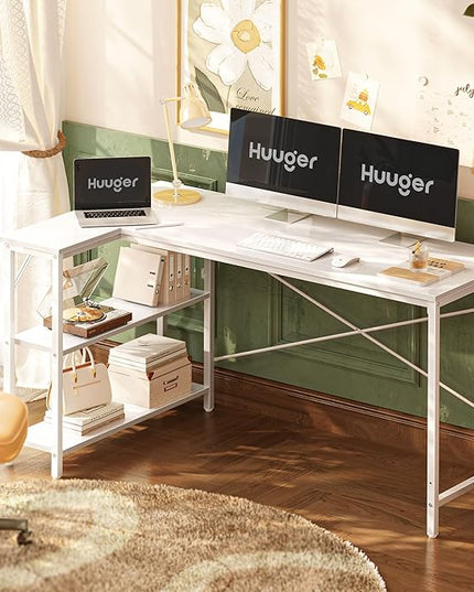 L Shaped Desk, 55 Inches Computer Desk with Reversible Storage Shelves, Gaming Desk, Corner Desk Home Office Desks, Writing Desk Study Desk with Metal Frame, White - LeafyLoom