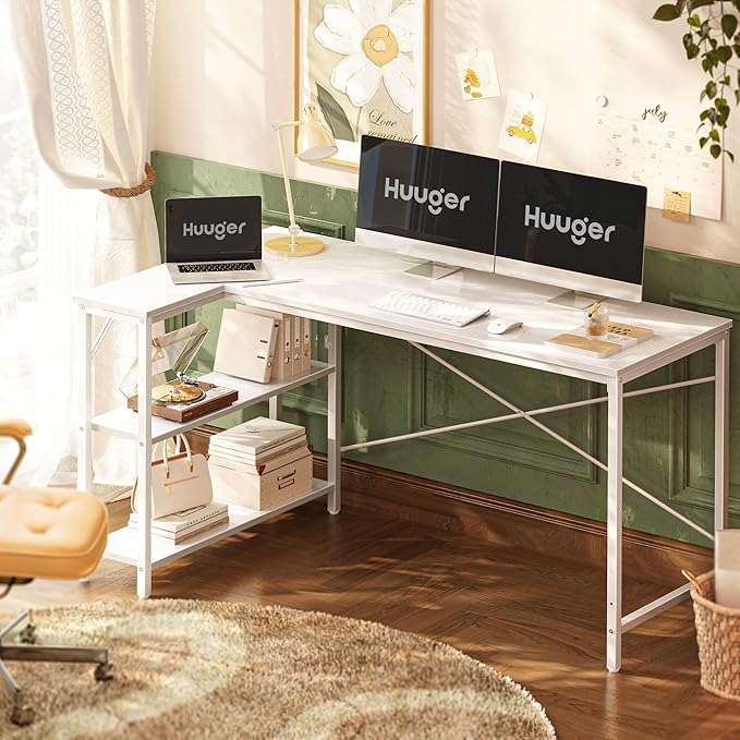L Shaped Desk, 55 Inches Computer Desk with Reversible Storage Shelves, Gaming Desk, Corner Desk Home Office Desks, Writing Desk Study Desk with Metal Frame, White - LeafyLoom