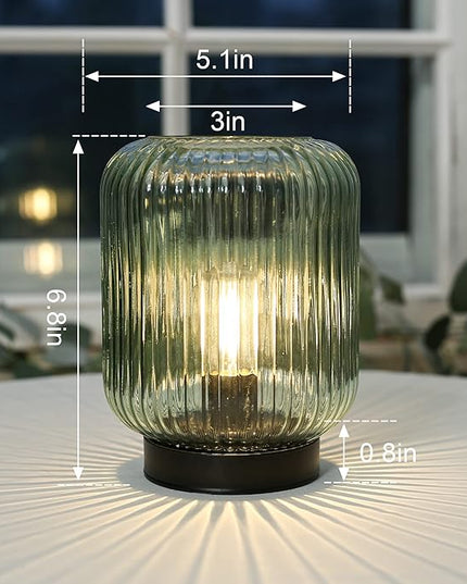 Battery Operated Lamp, Cordless Table Lamps for Home Decor, Battery Powered Nightlight with LED Bulb, Decorative Glass Beside Lamp for Bedroom Living Room-Green - LeafyLoom