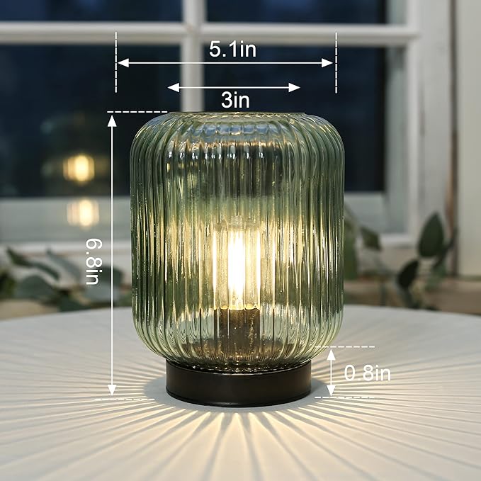 Battery Operated Lamp, Cordless Table Lamps for Home Decor, Battery Powered Nightlight with LED Bulb, Decorative Glass Beside Lamp for Bedroom Living Room-Green - LeafyLoom