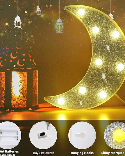 Moon Marquee Lights Ramadan Decoration, Glitter LED Lighted Moon Lamp Bedroom Decoration, Battery Operated Crescent Moon Night Light, Ramadan Mubarak Lights for Home Table Baby Shower Party Decor - LeafyLoom