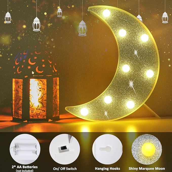Moon Marquee Lights Ramadan Decoration, Glitter LED Lighted Moon Lamp Bedroom Decoration, Battery Operated Crescent Moon Night Light, Ramadan Mubarak Lights for Home Table Baby Shower Party Decor - LeafyLoom