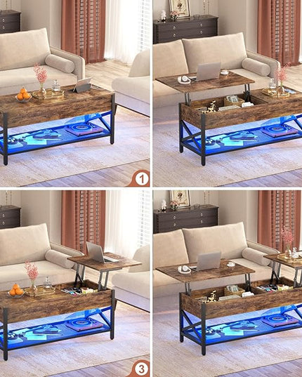 Coffee Table, Lift Top Coffee Table with Storage, LED Light & Power Outlet and Hidden Compartment, Retro Center Table for Living Room, X Support Wood Tabletop, Metal Frame, Rustic Brown - LeafyLoom