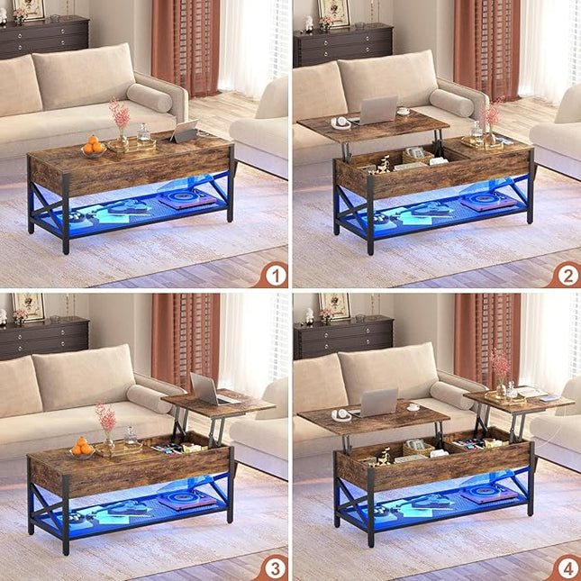 Coffee Table, Lift Top Coffee Table with Storage, LED Light & Power Outlet and Hidden Compartment, Retro Center Table for Living Room, X Support Wood Tabletop, Metal Frame, Rustic Brown - LeafyLoom