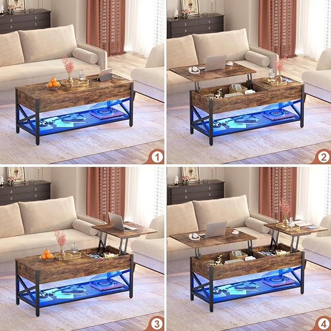 Coffee Table, Lift Top Coffee Table with Storage, LED Light & Power Outlet and Hidden Compartment, Retro Center Table for Living Room, X Support Wood Tabletop, Metal Frame, Rustic Brown - LeafyLoom