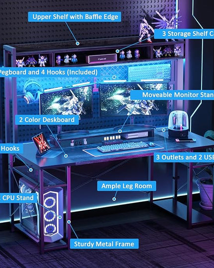 armocity 2024 Upgrade Gaming Desk with Hutch, 55.2'' Magic Computer Desk with LED and Outlets, Reversible Workstation Desk with Pegboard, Grey/Black - LeafyLoom