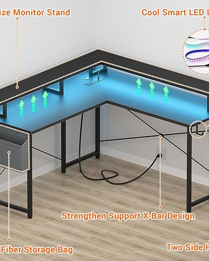 armocity L Shaped Computer Desk with Power Outlets, Gaming Desk L Shaped with LED Lights, Corner Desk with Storage Shelves, Work Study Desk for Bedroom, Home Office Small Spaces, 47'', Black - LeafyLoom
