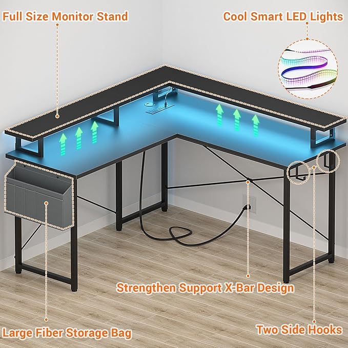 armocity L Shaped Computer Desk with Power Outlets, Gaming Desk L Shaped with LED Lights, Corner Desk with Storage Shelves, Work Study Desk for Bedroom, Home Office Small Spaces, 47'', Black - LeafyLoom