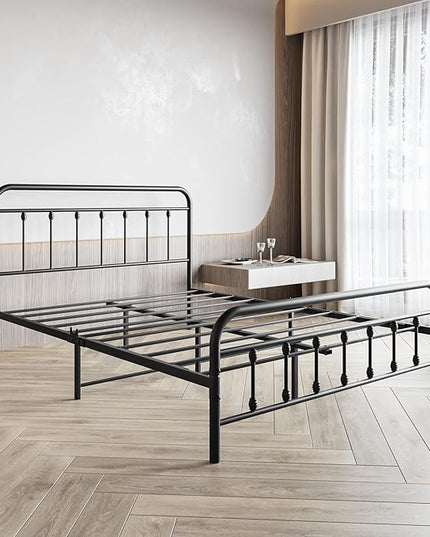 Vintage Queen Size Bed Frame with Headboard and Footboard Mattress Heavy Duty Metal Platform, Steel Slat Support (Queen, Black Sanded) - LeafyLoom