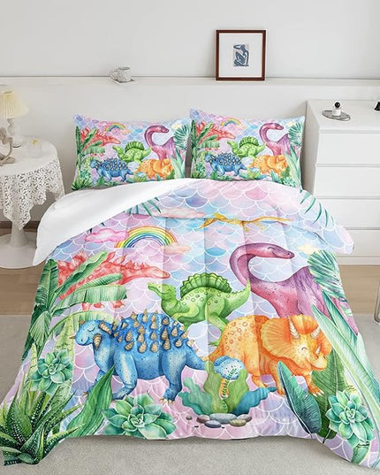 Datura home Kids Dinosaur Comforter Set for Girls Women,Cute Mermaid Scales and Rainbow Cloud Printed Pattern Kawaii Dinosaur Bedding Set with 2 Pillowcases(Dinosaur Rainbow Twin) - LeafyLoom
