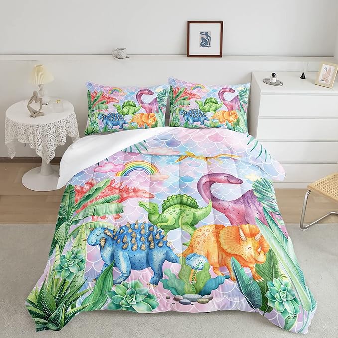 Datura home Kids Dinosaur Comforter Set for Girls Women,Cute Mermaid Scales and Rainbow Cloud Printed Pattern Kawaii Dinosaur Bedding Set with 2 Pillowcases(Dinosaur Rainbow Full) - LeafyLoom