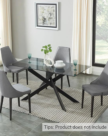 Modern Style Dining Table with Tempered Glass Top and Metal Tubular Legs, 58.5”Lx29”Wx30”H, Black - LeafyLoom