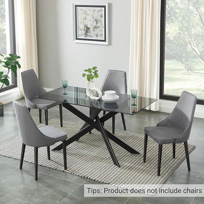 Modern Style Dining Table with Tempered Glass Top and Metal Tubular Legs, 58.5”Lx29”Wx30”H, Black - LeafyLoom