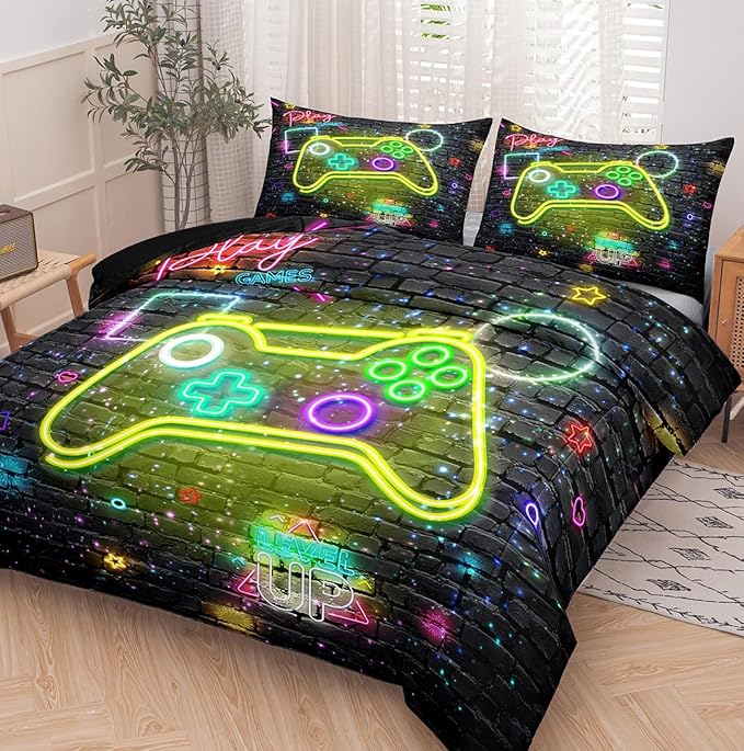 NINENINE Gamer Bedding Sets Twin Comforter Sets for Boys 5PCS,Twin Bedding Sets for Boys,Kids Comforter Sets Boys(1Comforter, 1Flat Sheet, 1Fitted Sheet, 2Pillowcases) - LeafyLoom