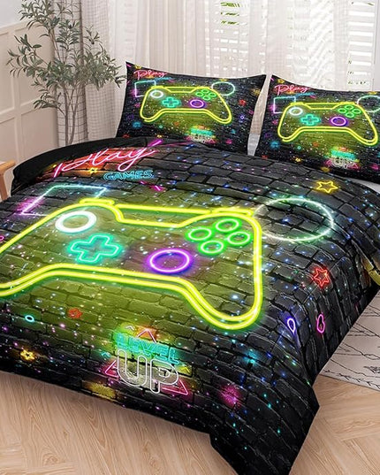 NINENINE Gaming Bedding 5PCS Queen Size Comforter Sets for Boys,Gamer Bedding Sets for Boys,Gampad Black Comforter Sheet Set(1Comforter, 1Flat Sheet, 1Fitted Sheet, 2Pillowcases)… - LeafyLoom
