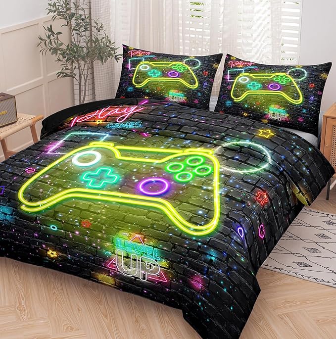 NINENINE Full Size Bedding Sets for Boys,5PCS Gaming Bedding Sets,Full Size Comforter Size for Boys,Boys Bedding Full Size(1Comforter, 1Flat Sheet, 1Fitted Sheet, 2Pillowcases) - LeafyLoom