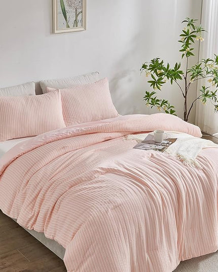 ENCOFT White and Pink Queen Size Comforter, 3 Pieces Textured Boho Striped Comforter for Queen Size Bed, Soft Microfiber All Seasons Girls Comforter Queen 90x90 Inches - LeafyLoom