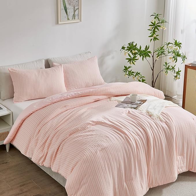 ENCOFT White and Pink Queen Size Comforter, 3 Pieces Textured Boho Striped Comforter for Queen Size Bed, Soft Microfiber All Seasons Girls Comforter Queen 90x90 Inches - LeafyLoom