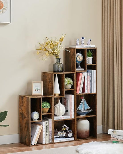 VECELO 3-Cube Open Bookcase, Small Bookshelf with Height Difference Shelves for Most Books, Horizontal Available, 2-Tier Storage Organizer for Home Office, Living Room, Rustic Brown - LeafyLoom