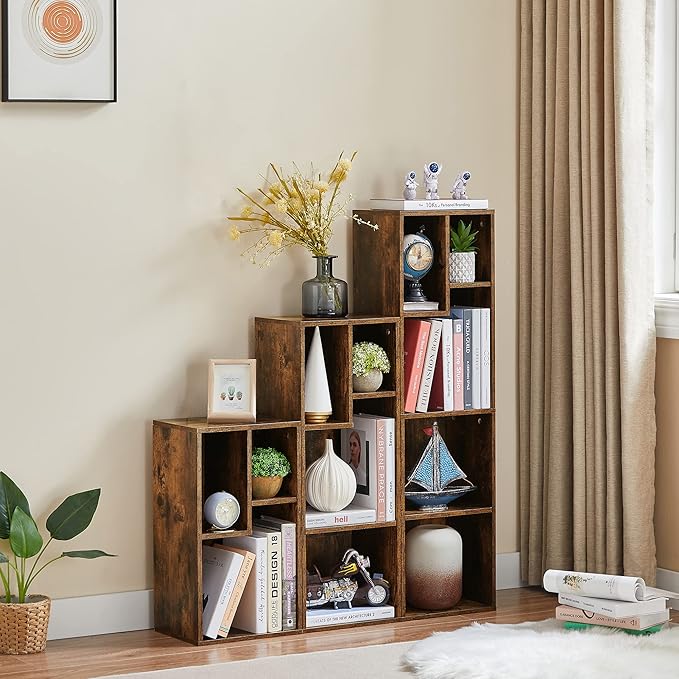 VECELO 3-Cube Open Bookcase, Small Bookshelf with Height Difference Shelves for Most Books, Horizontal Available, 2-Tier Storage Organizer for Home Office, Living Room, Rustic Brown - LeafyLoom